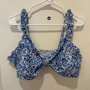 Floral Blue and White Ruffled Bikini Top